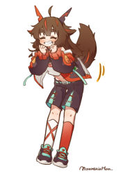 Rule 34 | ahoge, artist name, asymmetrical legwear, belt, black jacket, black shorts, brown hair, collar, garm (vtuber), hair over shoulder, hands on chin, hands up, highres, horns, indie virtual youtuber, jacket, kneehighs, leaning forward, light blue shorts, long sleeved jacket, mountain han, multicolored clothes, multicolored hair, multicolored jacket, multicolored shorts, navel, off-shoulder jacket, off-shoulder shirt, off shoulder, red hair, red jacket, red legwear, shirt, shoes, shorts, signature, simple background, sneakers, socks, standing, tagme, tail, thick eyebrows, two-tone hair, two-tone jacket, two-tone shorts, virtual youtuber, white background, white legwear, wolf girl, wolf tail