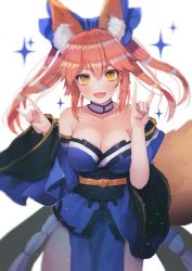 Rule 34 | 10s, 1girl, animal ear fluff, animal ears, bad id, bad twitter id, blue bow, blue kimono, bow, breasts, choker, cleavage, collarbone, cowboy shot, fate/extra, fate (series), floating hair, fox ears, fox tail, hair between eyes, hair bow, hanato (seonoaiko), japanese clothes, kimono, large breasts, long hair, long sleeves, looking at viewer, orange hair, solo, standing, tail, tamamo (fate), tamamo no mae (fate/extra), wide sleeves, yellow eyes