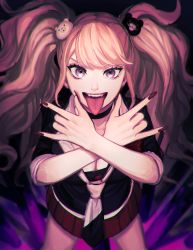 Rule 34 | 1girl, bear hair ornament, black choker, black shirt, breasts, choker, cleavage, collarbone, commentary request, crossed arms, danganronpa: trigger happy havoc, danganronpa (series), double m/, enoshima junko, fangs, fingernails, hair ornament, hands up, highres, long fingernails, long hair, looking at viewer, m/, miniskirt, nail polish, necktie, open mouth, pleated skirt, red nails, red skirt, shirt, skirt, smile, solo, tongue, tongue out, twintails, white necktie, yuzu hiko (ruffle-ponzu)