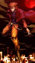 Rule 34 | 1boy, absurdres, between fingers, blonde hair, cape, dio brando, flying, green footwear, headband, highres, holding, holding knife, jojo no kimyou na bouken, knife, knives between fingers, looking at viewer, moon, pants, red cape, red eyes, red moon, sano (hospital 0434), short hair, signature, solo, stardust crusaders, vampire, yellow pants