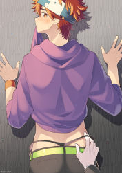 Rule 34 | 1boy, ass, clothes in mouth, hair between eyes, hand on own hip, headband, highres, hood, hoodie, kyan reki, looking at viewer, male focus, mouth hold, multiple boys, orange eyes, panties, red hair, shirt, shirt in mouth, sk8 the infinity, underwear, uppi, whale tail (clothing)