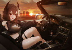 Rule 34 | 1girl, absurdres, armpits, artist request, bare shoulders, belt, black jacket, black shirt, black shorts, breasts, brown hair, car, car interior, commission, convertible, crop top, hair over shoulder, highres, horns, jacket, long hair, long sleeves, looking at viewer, low twintails, medium breasts, midriff, motor vehicle, off shoulder, open clothes, open jacket, open mouth, original, outdoors, outstretched arms, red eyes, second-party source, shirt, short shorts, shorts, side-view mirror, sitting, sleeveless, sleeveless shirt, smile, solo, steering wheel, sunlight, sunset, thigh strap, thighs, twintails