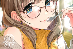 Rule 34 | 1girl, blue eyes, blush, brown hair, closed mouth, commentary request, earrings, fingernails, glasses, holding, holding spoon, jewelry, light blush, light smile, long hair, looking at viewer, necklace, original, selfie, solo, spoon, tareme, tsukana (saba mizore), utensil in mouth