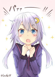 Rule 34 | 10s, 1girl, blue eyes, blue serafuku, clenched hands, commentary request, crescent, crescent hair ornament, hair between eyes, hair ornament, kantai collection, long hair, long sleeves, nagi (shunsuke-manage), open mouth, pink ribbon, purple hair, ribbon, school uniform, serafuku, short hair with long locks, solo, sparkle, twitter username, yayoi (kancolle)