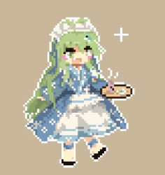 Rule 34 | 1girl, apron, black footwear, blue dress, blush, commentary, dress, floral print, frog hair ornament, green eyes, green hair, hair ornament, kochiya sanae, kochiya sanae (wa maid), ling os87, long hair, long sleeves, maid, maid headdress, official alternate costume, open mouth, pixel art, single sidelock, smile, snake hair ornament, sparkle, teeth, touhou, touhou cannonball, upper teeth only, waist apron, wide sleeves
