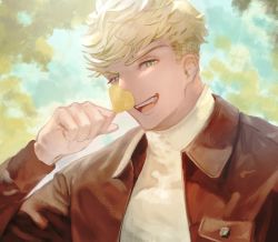 Rule 34 | 1boy, blonde hair, day, granblue fantasy, green eyes, hand up, highres, holding, holding leaf, jacket, kshbjb3bppui9om, leaf, leather, leather jacket, looking at viewer, male focus, open clothes, open jacket, open mouth, outdoors, shirt, short hair, smile, solo, upper body, vane (granblue fantasy), white shirt