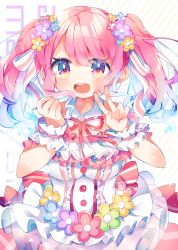 Rule 34 | 1girl, :d, back bow, bad id, bad pixiv id, bang dream!, blue flower, blush, bow, center frills, clenched hand, detached collar, dress, flower, frilled dress, frills, green flower, hair flower, hair ornament, hair ribbon, hands up, highres, maruyama aya, neck ribbon, open mouth, orange flower, pink eyes, pink flower, pink hair, purple flower, red ribbon, ribbon, sidelocks, smile, solo, striped ribbon, twintails, v, wrist cuffs, yellow flower, yun (dust-i1)