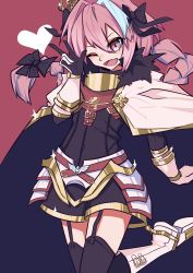 Rule 34 | 1boy, aie, armor, astolfo (fate), bad id, bad pixiv id, black bow, black thighhighs, blush, bow, braid, cloak, crown, fang, fate/apocrypha, fate (series), faulds, fur trim, garter straps, gauntlets, hair between eyes, hair bow, hair intakes, hand up, heart, highres, long hair, male focus, multicolored hair, one eye closed, open mouth, pink eyes, pink hair, sidelocks, single braid, smile, solo, standing, streaked hair, thighhighs, trap, v