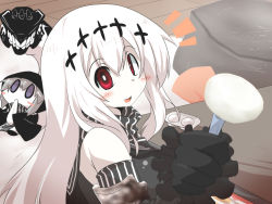 Rule 34 | 10s, abyssal ship, aircraft carrier water oni, black gloves, blush stickers, chibi, cloak, commentary request, daifuku, eating, food, fork, frilled sleeves, frills, gloves, goma (gomasamune), grey hair, hair between eyes, hair ornament, hood, hooded cloak, kantai collection, long hair, looking at viewer, mochi, product placement, purple eyes, re-class battleship, red eyes, scarf, school uniform, serafuku, sleeveless, smile, table, tail, translation request, wagashi, white hair