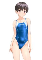 Rule 34 | 1girl, absurdres, animal ears, black hair, blue one-piece swimsuit, breasts, brown eyes, clothes writing, collarbone, commentary request, competition swimsuit, contrapposto, covered navel, cowboy shot, highleg, highleg swimsuit, highres, horse ears, horse tail, looking at viewer, multicolored clothes, multicolored swimsuit, one-piece swimsuit, original, short hair, simple background, small breasts, smile, solo, standing, swimsuit, tail, takafumi, tomboy, variant set, white background