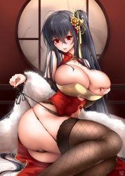 Rule 34 | 1girl, ahoge, akatsuki akane, azur lane, bare shoulders, black gloves, black hair, black panties, black thighhighs, blush, breasts, bridal gauntlets, china dress, chinese clothes, cleavage, cleavage cutout, clothing cutout, commentary request, crossed bangs, dress, elbow gloves, feather boa, fishnet thighhighs, fishnets, garter straps, gloves, hair between eyes, hair ornament, head tilt, highres, huge breasts, lace, lace-trimmed legwear, lace trim, long hair, looking at viewer, nail polish, official alternate costume, one side up, panties, panty pull, pelvic curtain, pulled by self, red dress, red eyes, red nails, round window, side-tie panties, side slit, signature, sitting, sleeveless, sleeveless dress, solo, sweat, taihou (azur lane), taihou (phoenix&#039;s spring song) (azur lane), thighhighs, thighs, tongue, tongue out, underwear, untied panties, very long hair, window