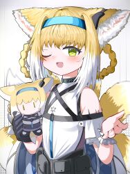 Rule 34 | 1girl, ;d, absurdres, animal ear fluff, animal ears, arknights, bare shoulders, black gloves, blonde hair, blue hairband, blush, braid, character doll, doll, fox ears, fox girl, fox tail, gloves, green eyes, hair rings, hairband, hands up, highres, holding, holding doll, kitsune, looking at viewer, multicolored hair, one eye closed, open mouth, shirt, single glove, smile, solo, spam (spamham4506), suzuran (arknights), tail, twin braids, two-tone hair, white hair, white shirt