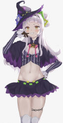 Rule 34 | 1girl, absurdres, bad id, bad pixiv id, black gloves, blunt bangs, blush, breasts, capelet, gloves, grin, hand on own hip, hat, highres, hololive, long hair, midriff, murasaki shion, murasaki shion (1st costume), navel, renge (730), skirt, small breasts, smile, solo, thighhighs, virtual youtuber, white hair, white thighhighs, witch hat, yellow eyes