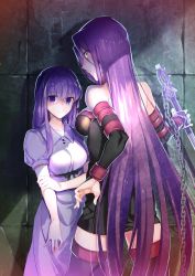 Rule 34 | 2girls, bare shoulders, chain, commentary request, dress, fate/stay night, fate (series), grey eyes, hair between eyes, highres, holding, holding weapon, long hair, looking at viewer, matou sakura, medusa (fate), medusa (rider) (fate), multiple girls, nameless dagger (fate), official alternate costume, purple eyes, purple hair, square pupils, very long hair, wall, weapon, ycco (estrella)