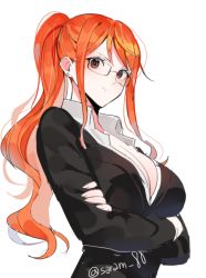 Rule 34 | 1girl, black jacket, breasts, cleavage, crossed arms, earrings, glasses, jacket, jewelry, joman, large breasts, long hair, long sleeves, looking at viewer, nami (one piece), office lady, one piece, orange eyes, orange hair, ponytail, shirt, solo, twitter username, upper body, white background, white shirt