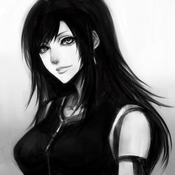 Rule 34 | 1990s (style), 1girl, earrings, female focus, final fantasy, final fantasy vii, jewelry, long hair, looking at viewer, monochrome, sasaki ryou, smile, solo, tifa lockhart