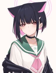 Rule 34 | 1girl, absurdres, animal ears, black choker, black jacket, blue archive, choker, closed mouth, collarbone, commentary request, exiadoon, extra ears, green sailor collar, grey background, hair ornament, hairclip, halo, highres, jacket, kazusa (blue archive), long sleeves, looking at viewer, neckerchief, pink eyes, pink halo, pink neckerchief, sailor collar, school uniform, serafuku, shirt, short hair, simple background, solo, upper body, white shirt