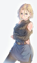 Rule 34 | 1girl, android 18, bare shoulders, belt, black pantyhose, black sweater, blonde hair, blue eyes, blue skirt, breasts, casual, closed mouth, commentary request, cowboy shot, crossed arms, daito, detached sleeves, dragon ball, dragonball z, earrings, forehead, highres, jewelry, long sleeves, looking at viewer, medium breasts, miniskirt, pantyhose, short hair, side slit, skirt, solo, sweater