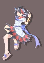 Rule 34 | 1girl, absurdres, akiteru (akiteru98), black hair, blue bow, blue bowtie, bow, bowtie, bracer, commentary request, dress, grey background, grey horns, hair over one eye, hand up, highres, horns, kijin seija, multicolored hair, no socks, one-hour drawing challenge, one eye covered, open mouth, pointy ears, red eyes, red sailor collar, sailor collar, sandals, sash, simple background, solo, streaked hair, touhou, white dress