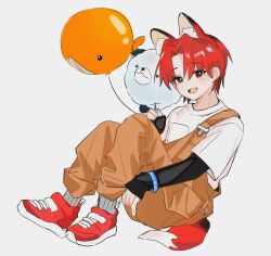 Rule 34 | 1boy, 8enthopelagic, absurdres, aged down, animal balloon, animal ear fluff, animal ears, balloon, black eyes, blush, brown overalls, child, commentary request, eoduun badaui deungbul-i doeeo, fox boy, fox ears, fox tail, full body, highres, holding, holding balloon, kemonomimi mode, kim jaehee, knees up, korean commentary, layered sleeves, long sleeves, looking at viewer, male focus, open mouth, overalls, red footwear, red hair, shirt, shoes, short hair, short over long sleeves, short sleeves, simple background, sitting, smile, solo, tail, white background, white shirt