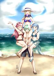 Rule 34 | 1boy, 3girls, absurdres, aged up, arm up, artist logo, beach, bikini, black male swimwear, black swim trunks, blonde hair, blue bikini, blue hair, blue sky, braid, breasts, brown eyes, byleth (fire emblem), byleth (male) (fire emblem), carrying, cleavage, cloud, cloudy sky, constance von nuvelle, crown braid, fire emblem, fire emblem: three houses, flower, green eyes, green hair, hair flower, hair ornament, hand fan, hand on own hip, hat, highres, hilda valentine goneril, kagura oni, large breasts, lifting person, light blue hair, looking at viewer, male swimwear, marianne von edmund, multicolored hair, multiple girls, navel, nintendo, ocean, one eye closed, open mouth, paper fan, pimp, pink eyes, pink hair, purple bikini, purple hair, red bikini, sandals, sarong, scarf, shorts, sitting on shoulder, sky, smile, sun hat, swim trunks, swimsuit, thighs, twintails, two-tone hair, water, wink