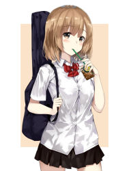 Rule 34 | 1girl, ansatsu kyoushitsu, black skirt, blonde hair, blush, bow, bowtie, brand name imitation, breasts, brown eyes, contrapposto, cowboy shot, cup, disposable cup, dress shirt, drinking, drinking straw, guitar case, highres, holding, holding cup, instrument case, koro-sensei, looking at viewer, medium breasts, niii (memstapak), original, pleated skirt, school uniform, shirt, short hair, short sleeves, skirt, solo, standing, two-tone background, white shirt, wing collar