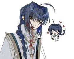 Rule 34 | 1boy, black hair, blood, blood in hair, blood on clothes, blood on face, bowl, braid, chibi, chopsticks, drooling, fate/samurai remnant, fate (series), hair intakes, heart, heart background, jewelry, kongnan 147, looking at viewer, medallion, multicolored hair, necklace, rice bowl, single braid, sparkling eyes, two-tone hair, white background, yamato takeru (fate)