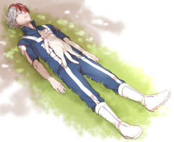 Rule 34 | 1boy, animal, bad id, bad pixiv id, blue pants, blue shirt, boku no hero academia, boots, burn scar, cat, closed eyes, commentary request, day, full body, gloves, grass, hair between eyes, lying, male focus, multicolored hair, on back, on grass, outdoors, pants, parted lips, red hair, scar, shirt, sleeping, solo, todoroki shouto, tonomayo, two-tone hair, u.a. gym uniform, white footwear, white gloves, white hair