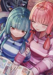 Rule 34 | 2girls, absurdres, arm hug, bag, bag charm, blue bow, blue hair, blue pajamas, blunt bangs, blush, bow, charm (object), closed eyes, closed mouth, commentary request, from above, hair bow, half-closed eyes, highres, indoors, kotonoha akane, kotonoha aoi, long hair, microa, multiple girls, multiple hair bows, one side up, open mouth, pajamas, photo (object), photo album, pink hair, pink pajamas, pointing, red bow, red eyes, school bag, sidelocks, smile, striped clothes, striped pajamas, voiceroid, wavy mouth, wooden floor
