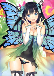 Rule 34 | 1girl, :d, absurdres, bare shoulders, black hair, black panties, bow, bow panties, breasts, butterfly wings, cleavage, covered navel, cowboy shot, detached sleeves, double v, flower, green eyes, groin, hair ornament, highres, insect wings, jewelry, long hair, looking at viewer, lowleg, lowleg panties, medium breasts, navel, necklace, open mouth, original, panties, peace keeper daisy, scan, skindentation, smile, solo, thighhighs, tony taka, two side up, underwear, v, white thighhighs, wings
