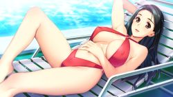 Rule 34 | 1girl, arm up, barefoot, beach chair, bikini, black hair, breasts, brown eyes, covered erect nipples, day, doukyuusei, earrings, game cg, highres, jewelry, large breasts, long hair, looking at viewer, lying, masaki natsuko, o-ring, official art, on back, open mouth, outdoors, pool, red bikini, solo, sparkle, sumeragi kohaku, sunlight, swimsuit
