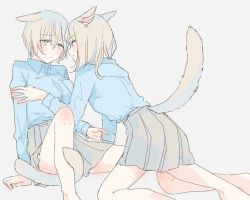 Rule 34 | 2girls, animal ears, arm grab, blouse, blue eyes, blue shirt, blush, cat ears, cat girl, cat tail, collared shirt, commentary request, grey hair, grey skirt, inutose, kneeling, long sleeves, looking at another, medium hair, multiple girls, original, parted lips, school uniform, shirt, simple background, sitting, skirt, tail, tail wrap, thighs, yuri