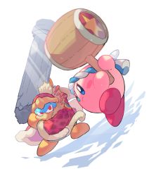 Rule 34 | 2boys, battle, blue eyes, blush stickers, closed mouth, coat, copy ability, full body, hairband, hammer, hammer kirby, holding, holding hammer, king dedede, kirby, kirby (series), kirby and the forgotten land, looking at another, looking at viewer, multiple boys, mutekyan, nintendo, no humans, pillar, red coat, red eyes, red headwear, simple background, star (symbol), v-shaped eyebrows, white background