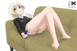 Rule 34 | 1girl, absurdres, ass, blonde hair, blue eyes, blush, breasts, cameltoe, couch, erica hartmann, female focus, full body, highres, looking at viewer, lying, military, military uniform, on back, on couch, open mouth, panties, shiny skin, short hair, simple background, small breasts, solo, strike witches, underwear, uniform, white background, white panties, world witches series