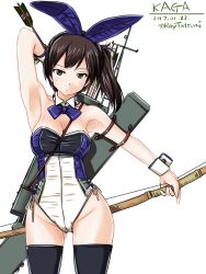 Rule 34 | 10s, 1girl, animal ears, armpits, arrow (projectile), black thighhighs, bow, bow (weapon), bowtie, breasts, brown eyes, brown hair, cleavage, detached collar, fake animal ears, flight deck, holding, holding bow (weapon), holding weapon, kaga (kancolle), kantai collection, leotard, long hair, playboy bunny, quiver, rabbit ears, side ponytail, solo, tatsumi ray, thighhighs, weapon, wrist cuffs