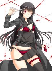 Rule 34 | 10s, 1girl, black hair, black thighhighs, bow, bow bra, bow panties, bra, collar, frills, holster, inu to hasami wa tsukaiyou, long hair, natsuno kirihime, one eye closed, page tear, panties, red bra, red eyes, red panties, revealing layer, scissors, side-tie panties, smile, solo, sotogawa max, thigh holster, thighhighs, underwear