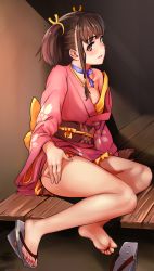 Rule 34 | 10s, 1girl, barefoot, brown hair, choker, collarbone, feet, floral print, hair ribbon, highres, japanese clothes, kimono, koutetsujou no kabaneri, legs, long sleeves, mumei (kabaneri), off shoulder, red eyes, ribbon, sandals, shoe dangle, shoes, short hair, short kimono, single sandal, single shoe, sitting, smile, soles, solo, thighs, toes, twintails, yewang19