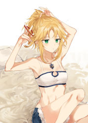 Rule 34 | 1girl, absurdres, armpits, bandeau, blonde hair, blush, braid, breasts, cleavage, cutoffs, denim, denim shorts, fate/apocrypha, fate (series), french braid, green eyes, highres, midriff, mordred (fate), mordred (fate/apocrypha), mordred (memories at trifas) (fate), necktie, ponytail, red scrunchie, rizu033, scrunchie, shorts, small breasts, solo, thighs, tying hair, white background