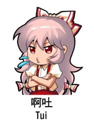 Rule 34 | 1girl, bow, chibi, chinese text, collared shirt, crossed arms, english text, fujiwara no mokou, hair between eyes, hair bow, jokanhiyou, long hair, looking at viewer, lowres, no nose, o3o, outline, pants, pink hair, puffy short sleeves, puffy sleeves, red eyes, red pants, shirt, short sleeves, silver hair, simple background, solo, sound effects, spitting, standing, suspenders, touhou, translation request, v-shaped eyebrows, very long hair, white background, white shirt