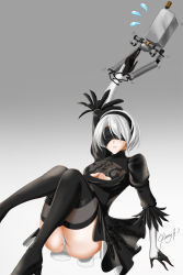 Rule 34 | 1girl, android, ass, black dress, black gloves, black hairband, black thighhighs, blindfold, bob cut, bodysuit, boots, breasts, cleavage cutout, clothing cutout, dress, flying sweatdrops, gloves, gradient background, grey hair, hairband, high heel boots, high heels, highres, kimmy77, medium breasts, mole, mole under mouth, nier:automata, nier (series), panties, pantyshot, pod (nier:automata), robot, shiny skin, short hair, signature, solo, thigh boots, thighhighs, thighs, underwear, 2b (nier:automata)