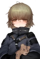 Rule 34 | 1girl, :&lt;, absurdres, bad id, bad pixiv id, bandaid, bandaid on face, bandaid on nose, black gloves, blush, brown eyes, brown hair, closed mouth, commentary request, dokomon, girls&#039; frontline, gloves, grey jacket, hair between eyes, highres, hs2000 (girls&#039; frontline), jacket, korean commentary, long sleeves, looking at viewer, hugging object, simple background, solo, stuffed animal, stuffed toy, teddy bear, upper body, white background, x x