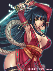 Rule 34 | 1girl, armpits, arms up, black hair, black thighhighs, breasts, brown eyes, cleavage, copyright name, detached sleeves, flower, hair flower, hair ornament, hip focus, japanese clothes, junketsu duelion, katana, large breasts, long hair, looking at viewer, obi, official art, orochimori azusa, parted lips, rope, sash, sethxzoe, sheath, sideboob, solo, sword, thighhighs, weapon, yellow eyes