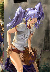 Rule 34 | 1boy, 1girl, ass, ass grab, blue hair, blush, buruma, buruma pull, clothes pull, cunnilingus, gym uniform, hand on another&#039;s head, happy sex, hechi, hetero, hoshino ruri, kidou senkan nadesico, licking, licking panties, long hair, one eye closed, oral, panties, pulling own clothes, solo focus, standing, standing cunnilingus, twintails, underwear, wince, wink, yellow eyes