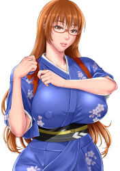 Rule 34 | 1girl, breasts, brown hair, glasses, highres, japanese clothes, large breasts, lips, looking at viewer, toguchi masaya