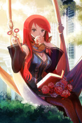 Rule 34 | 1girl, black thighhighs, blue eyes, book, breasts, detached sleeves, dress, flower, hammock, holding, holding book, jewelry, large breasts, long hair, lowres, nail polish, necklace, open book, red hair, rose, scarf, scissors, see-through, sitting, solo, sword girls, thighhighs