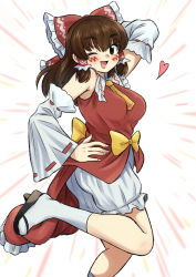 Rule 34 | 1girl, ;d, arm behind head, ascot, bare shoulders, bloomers, blush, bow, breasts, brown eyes, brown hair, cookie (touhou), curvy, dancing, detached sleeves, dress, hair bow, hair tubes, hakurei reimu, heart, kanna (cookie), large breasts, long hair, looking at viewer, mature female, meis (terameisu), one eye closed, open mouth, sandals, smile, socks, solo, standing, standing on one leg, thick eyebrows, touhou, underwear