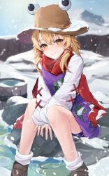 Rule 34 | 1girl, absurdres, animal print, ass, black footwear, blonde hair, blush, closed mouth, commentary, frog print, hair between eyes, highres, long hair, long sleeves, looking at viewer, moriya suwako, orchid (orukido), purple skirt, purple vest, red scarf, scarf, shirt, shoes, sitting, skirt, smile, snow, socks, solo, symbol-only commentary, touhou, vest, white shirt, white socks, wide sleeves, yellow eyes