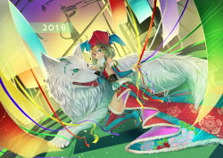 Rule 34 | 1girl, blonde hair, chinese zodiac, detached sleeves, flat chest, fur, fur collar, fur trim, green eyes, happy new year, hat, heterochromia, holding, holding string, jester, jester cap, kneeling, looking at viewer, mechanical parts, mitake eil, nail polish, nengajou, new year, original, pointy footwear, red eyes, smile, string, thighhighs, white wolf, year of the dog