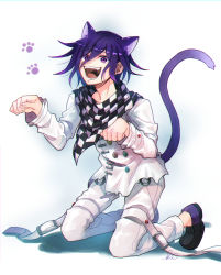 Rule 34 | 1boy, :d, animal ears, black footwear, buttons, cat boy, cat ears, cat tail, checkered clothes, checkered scarf, commentary request, danganronpa (series), danganronpa v3: killing harmony, double-breasted, fangs, full body, hair between eyes, highres, jacket, kemonomimi mode, kitsunebi v3kokonn, kneeling, long neck, long sleeves, looking at viewer, male focus, open mouth, oma kokichi, pants, paw pose, paw print, paw print background, purple eyes, purple hair, scarf, smile, solo, straitjacket, tail, white background, white jacket, white pants