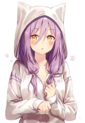 Rule 34 | 1girl, :o, animal hands, animal hood, blush, breasts, cat paws, cleavage, collarbone, commentary request, hair between eyes, hood, long hair, long sleeves, looking at viewer, low twintails, medium breasts, nonono (nononotea), original, purple hair, solo, twintails, upper body, white background, yellow eyes